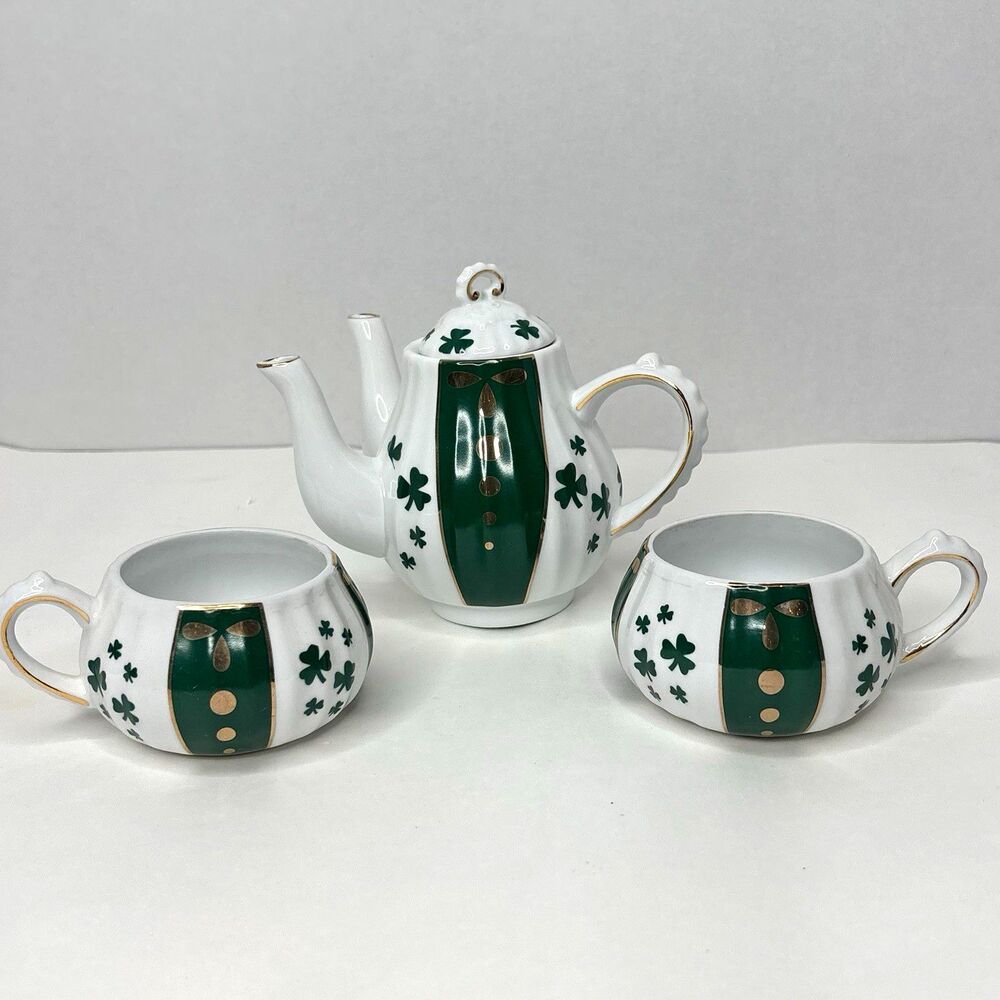Porcelain Tea for Two Set Shamrock Clover Teapot 2 Cups St Patrick’s Day New Box